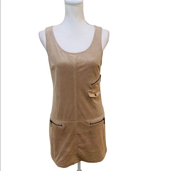 Guess micro suede biege tan sleeveless mini dress lined zippered pockets sz 4 - Picture 2 of 13
